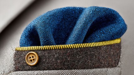Close-up of a stylish blue and gray pocket square with a button detail.