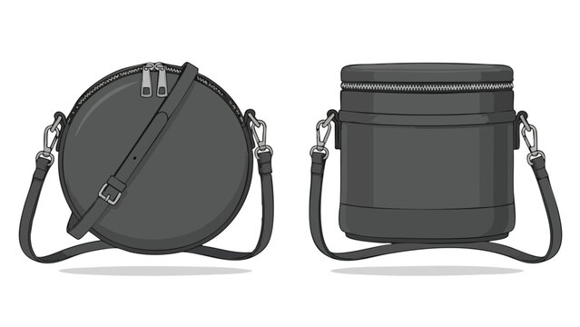 Contemporary fashion accessory: round and cylindrical bags with metal zippers and shoulder straps sophistication and urban style represented by two