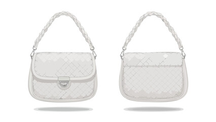 Elegant white purse with woven strap design, a minimalist and stylish illustration of fashion accessories presenting front and back views for