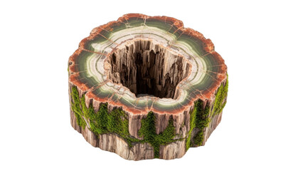 Isolated petrified tree trunk section, hollow core, mineral rings, mossy exterior, specimen