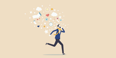 A businessman running with ideas and communication concepts flowing around him