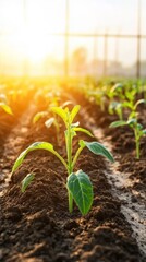 Close up of a young green plant seedling growing in rich soil inside a greenhouse, symbolizing agriculture, growth, and sustainable farming