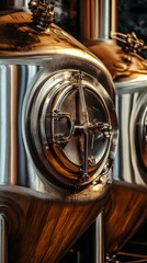 Close up view of a shiny copper brewing tank with intricate valves and fittings, showcasing the craftsmanship of modern brewery equipment