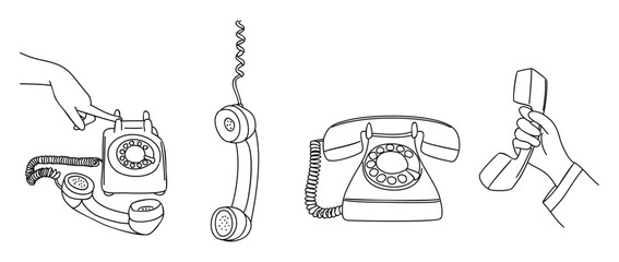 Naklejka na ściany i meble A minimalist black and white vector set of rotary phones and handsets, featuring clean line drawings of classic telephones and hand gestures.