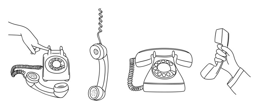 A minimalist black and white vector set of rotary phones and handsets, featuring clean line drawings of classic telephones and hand gestures.