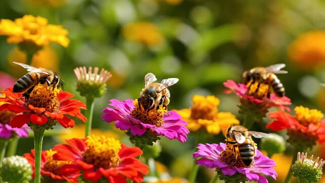 Two bees on colorful flowers, one landing on a zinnia in bright sunlight. Pollination, nature, and springtime concepts.