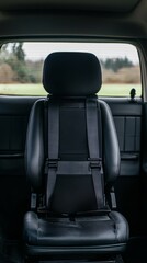 Interior view of a car focusing on a black leather rear seat with prominent safety belts, emphasizing automotive safety features and comfort