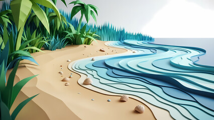 Vibrant papercut beach scene with layered ocean waves and lush plants