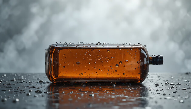Amber Plastic Bottle with Water Droplets for Shampoo, Body Wash, Skincare, Packaging, Product Photography, Moisture, Clean Design, 32K Revolutions 