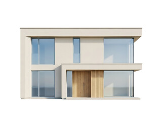 Isolated modern residence, front facade, two-story house, clean lines, natural wood door, glass windows © Elena