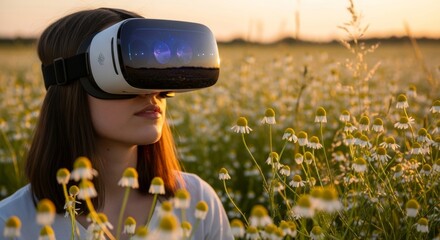 Young woman in VR headset explores a chamomile field at sunset. A VR gamer in nature with sunset reflection.