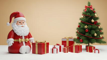 Cheerful Santa Claus with festive Christmas tree and gifts await