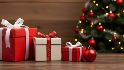 Festive red and cream gifts await opening by a glowing Christmas tree