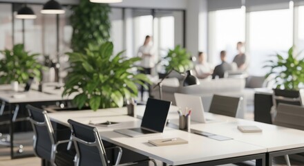 Desks with laptops and green plants in modern office, blurred background of people.