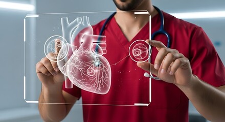 Doctor Interacting with Holographic Heart Display in Modern Medical Setting.