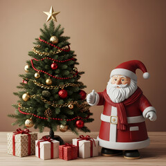 Cheerful Santa gives a thumbs up next to a festive Christmas tree