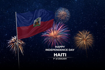 National flags of Haiti in night sky with stars and fireworks