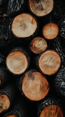 Close up view of neatly stacked freshly cut wood logs showing circular growth rings, textures, and warm tones against a dark background