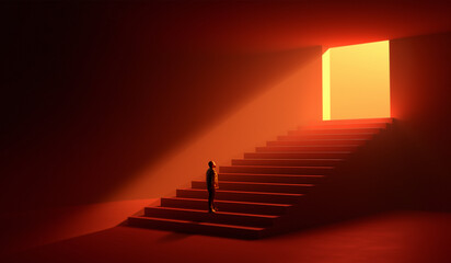 Vibrant collage. Man on red staircase facing glowing doorway in surreal minimal space. Concept of...