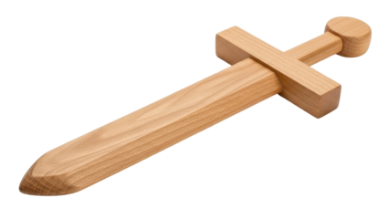 Isolated wooden toy sword, children's pretend play weapon, childhood imaginative game prop