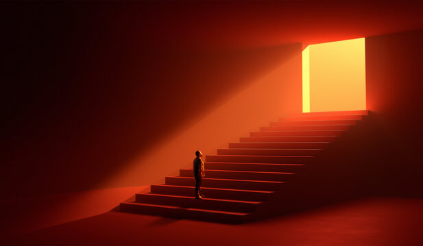 Fototapeta Vibrant collage. Man on red staircase facing glowing doorway in surreal minimal space. Concept of digital transformation, leadership growth, branding visuals, self-development storytelling.