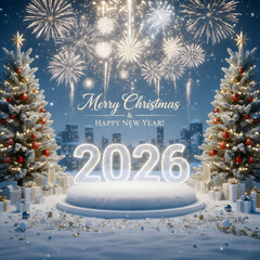 Merry Christmas and Happy New Year 2026 Celebration Scene with Fireworks and Snowy Trees