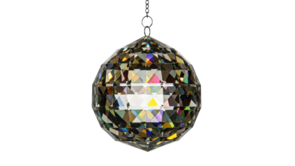 Isolated glittering crystal ball hanging from a chain, shimmering prisms, magical decor