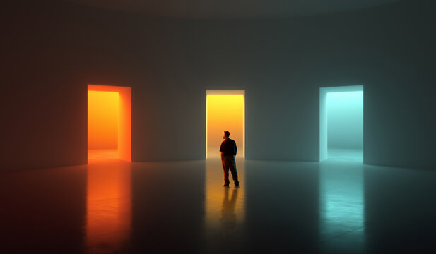Clean composition. Man observing three bright doorways in wide minimal hall. Concept of decision-making, product pathways, UX flow design, marketing metaphors, self-growth and choice themes.