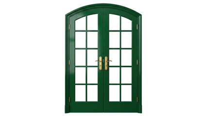 Isolated elegant green arched paneled double doors with brass handles, architectural detail