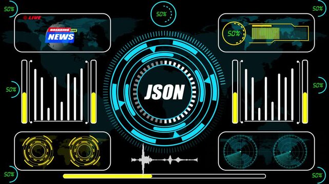 Title: "JSON data visualization with futuristic HUD interface displaying live breaking news, analytics charts, circular indicators, and audio waveforms on dark tech background.