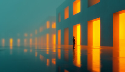 Atmospheric artwork. Man observing glowing architectural doors in foggy minimal row. Concept of...