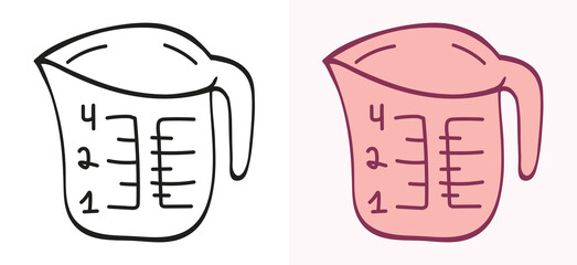 Hand-drawn outline and colored illustration set of a measuring cup with markings. This simple vector sketch includes both versions, perfect for cooking, baking, kitchen themes, and graphic resources.
