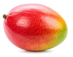 Glossy ripe mango with red, yellow, and green skin isolated on white background