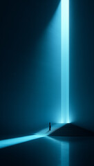 Atmospheric collage. Woman before towering blue light beam in quiet minimal hall. Concept of...