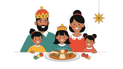 A heartwarming flat design illustration depicting a family happily celebrating Three Kings Day, sharing a Rosca de Reyes.
