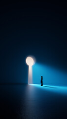 Clean artwork. Woman facing tall blue keyhole portal in quiet minimal hall. Concept of...