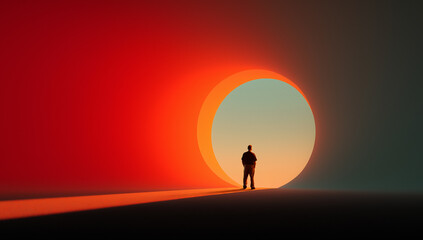 Vibrant collage. Man facing circular glowing entrance in colorful scene. Concept of future...