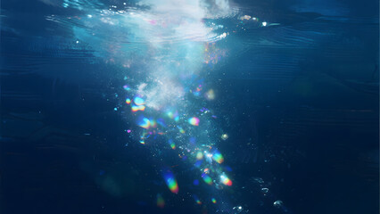 Underwater Light Reflections, Iridescent Bubbles, Ocean Scenery, Natural Phenomena, Serene Water, Colorful Light, Sea Surface, Calm Atmosphere