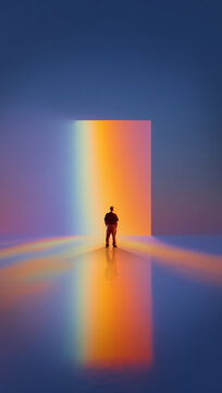 Vivid artwork. Man facing glowing rainbow panel in wide minimal hall. Concept of futuristic digital environment, tech backgrounds, modern spaces, and immersive visual experience