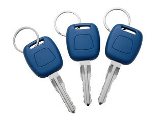 Isolated set of car keys with blue fobs and silver rings, shiny metal, no reflections