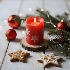 Christmas Candle, Gingerbread Cookies, Festive Decorations, Holiday Scene, Red Ornaments, Pine Needles, Seasonal Ambiance