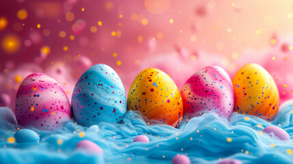 This festive and enchanting Easter banner showcases a row of vibrantly decorated eggs resting on a flowing pink fabric. The eggs feature bold patterns with wavy lines and colorful dots in bright hues