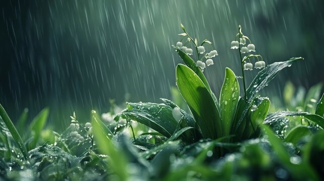 Lily of the valley (May-lily Convallaria majalis) blooming on rainy day