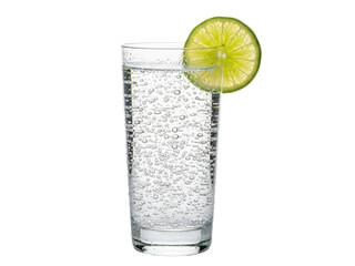Isolated tall glass of sparkling water with bubbles and a fresh lime wedge garnish is shown.