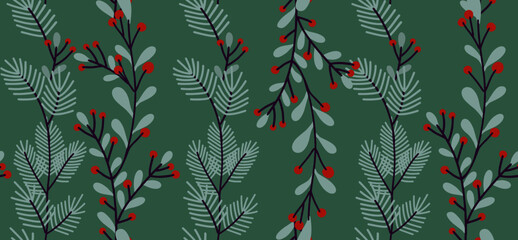 Winter Botanical Pattern with Berries and Pine Branches