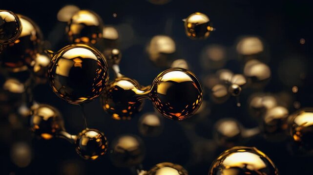 Golden molecular structure on dark background, collagen peptides and hyaluronic acid complex, biotechnology skincare concept, cosmetic serum innovation, antiaging treatment, molecular research