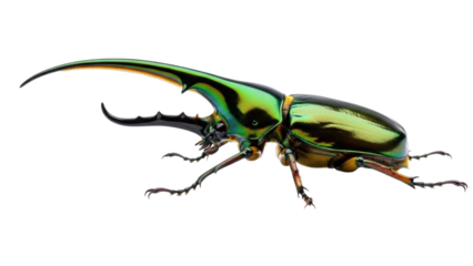 Isolated large dynastinae beetle with green iridescent elytra and horns against a plain backdrop