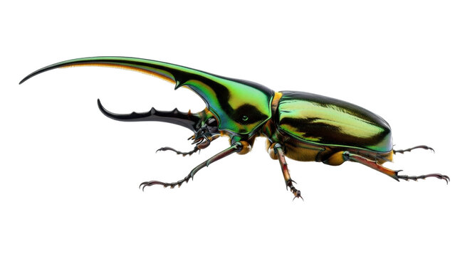 Isolated large dynastinae beetle with green iridescent elytra and horns against a plain backdrop