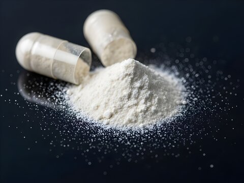Macro of Spilled Probiotic Powder from Open Capsule on Black Surface for Pharma Concepts
