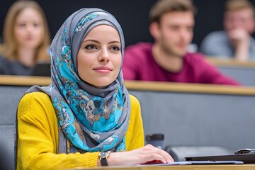 Professional Muslim woman teacher engaging a diverse audience in a university classroom, highlighting knowledge sharing, confidence, and inspiring academic atmosphere.